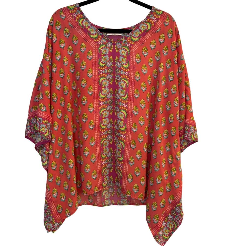 Belle by Kim Gravel Boho Chic Coral V-Neck Poncho Caftan Top Size Large